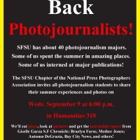 flyer welcoming photojournalist students to pizza party