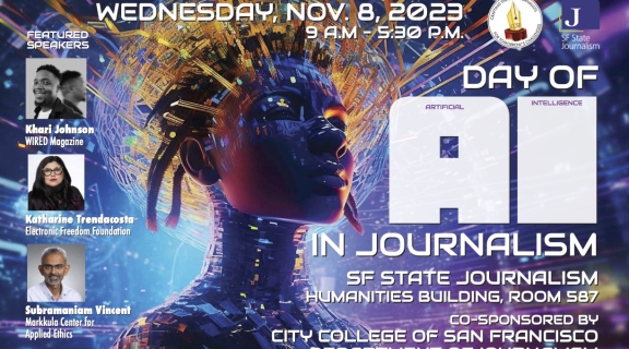 Event flyer for Day of Artificial Intelligence in Journalism Nov. 8