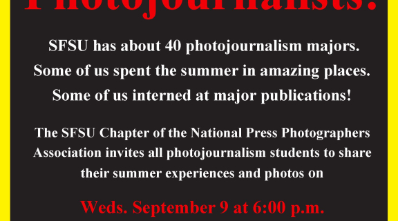 flyer welcoming photojournalist students to pizza party